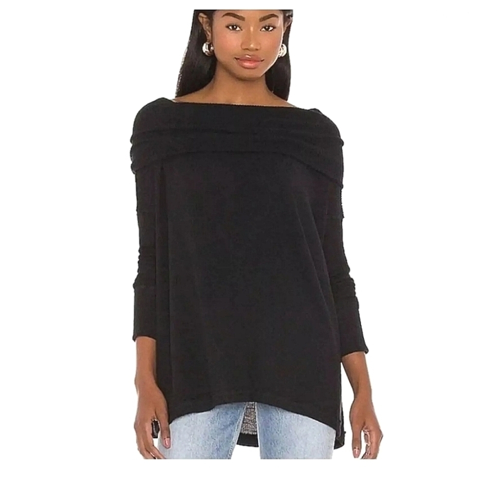 Free People We The Free Juicy Ribbed Cowl Neck Oversized Top Black S NWT